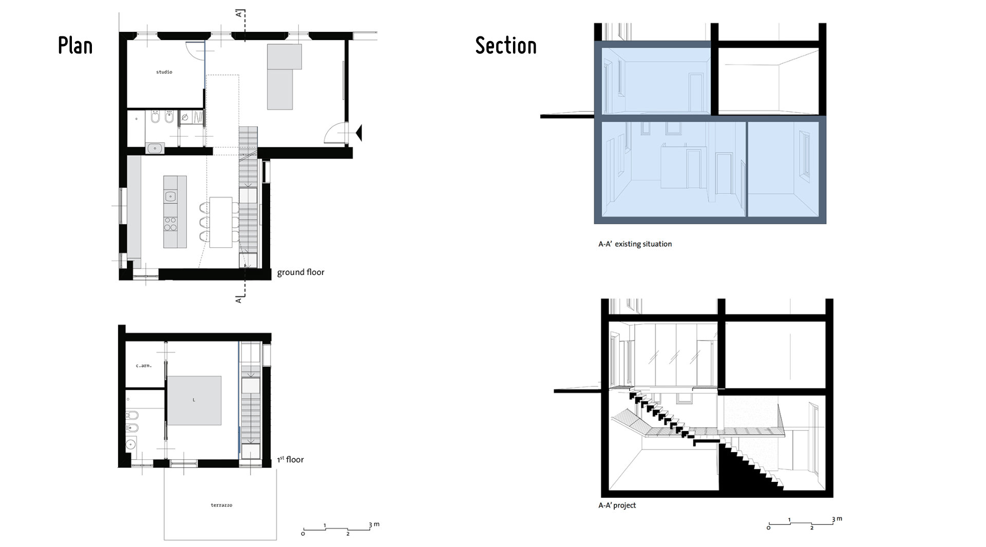 Two floor apartament renovation in Milan, plan and section
